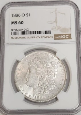 Dólar de plata Morgan 1886-O MS60 NGC Foto 1 de 2