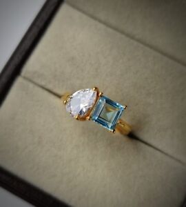 Princess Cut Aquamarine & Moissanite Yellow Gold Plated On Silver Proposal Ring