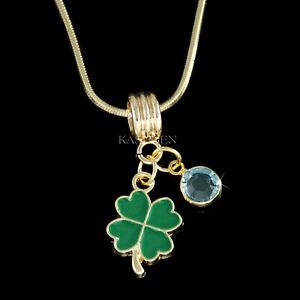 Irish St Patrick's Day Lucky Emerald Green Four Leaf Clover Gold Charm Necklace