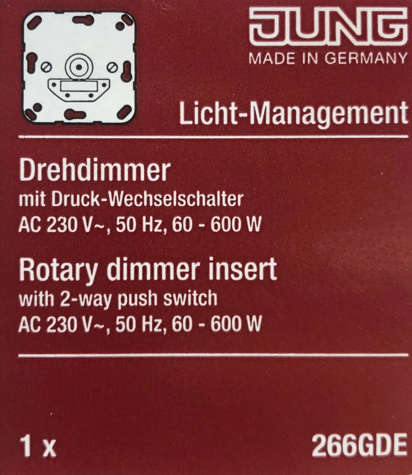 JUNG Drehdimmer mit Druck-Wechselschalter AC 230V,-50Hz, 60-600W 266GDE - Bild 1 von 1