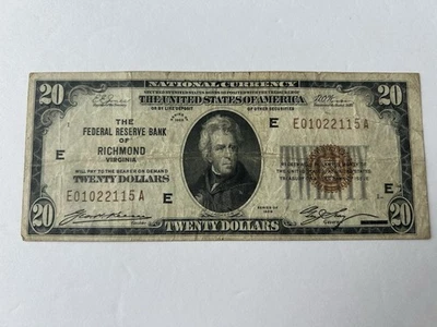 1929 TWENTY DOLLAR $20 NOTE FEDERAL RESERVE BANK OF RICHMOND VIRGINIA - Image 1 of 4