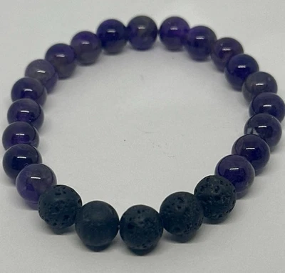 Lava Rock & Amethyst Bracelet Men Women Handmade Natural Stone Beads Bracelet - Image 1 of 4