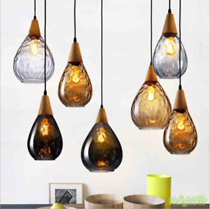 Vintage raindrop pendant lamp Led glass Ceiling light restaurant Wood chandelier