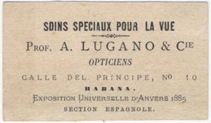1885 Exposición de Amberes La Habana Cuba Optometrista oftalmólogo médico tarjeta de visita - Imagen 1 de 1