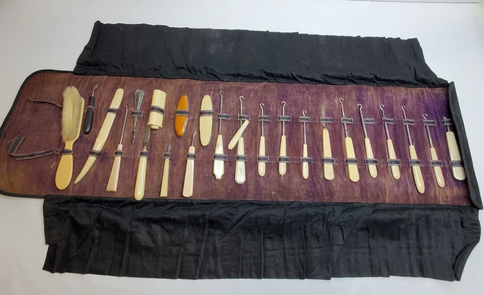 Antique Button Hook Clothing Manicure Tools Accessory Kit Roll Damaged - Image 1 of 4