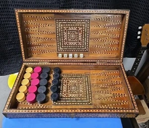 Mosaik Khatam Kari Holz Muschel Parkett Intarsien Backgammon Schachbrett  - Bild 1 von 11