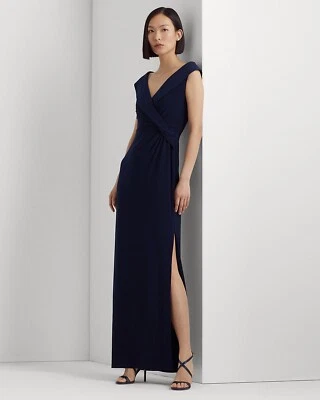 Lauren Ralph Lauren Jersey Off The Shoulder Column Gown Navy Slit Size 12 $285 - Image 1 of 4