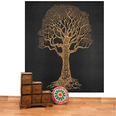 Wandbehang Dekotuch Tagesdecke Wandteppich Goldener Lebens Baum XXL Goa Bohemian - Bild 1 von 4