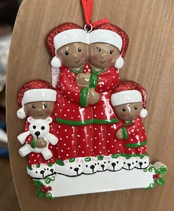 Polar X African American Pajama Family of 4 Christmas Ornament Personalize it! - Picture 1 of 5
