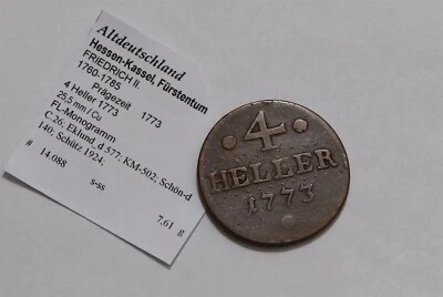 🧭 🇩🇪 GERMANY HESSE-CASSEL 4 HELLER 1773 SHARP DETAILS B79 #W37 - Image 1 of 2