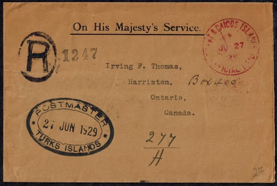Ilhas Turcas 1929 OHMS Capa Registrada com TURKS & CAICOS CIRCLE RED & Outros - Imagem 1 de 4