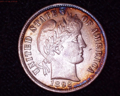 !892 Silver Barber Dime Unc Details  BU Appearance Beautiful Toning  #BD2 Cover
