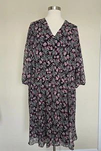 Lane Bryant Kleid Übergröße 28 lang schwarz rosa weiß Blumen geraffte Ärmel neu mit Etikett - Bild 1 von 20