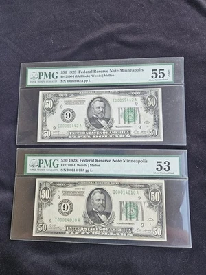 1928 $50 Minneapolis #9 PMG AU53 and PMG AU55 EPQ. Rare district.  - Image 1 of 4