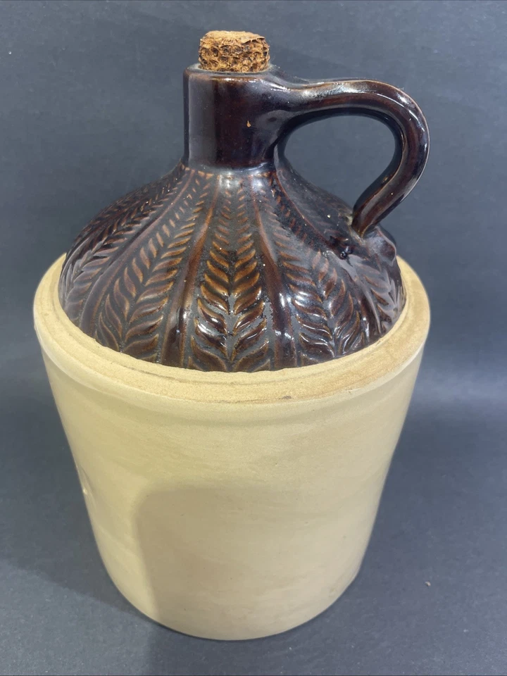 Ant. Primitve 1 Gal. Stone Croc Moonshine Shoulder Jug Wheat Pattern Cobb Stopr - Image 1 of 4