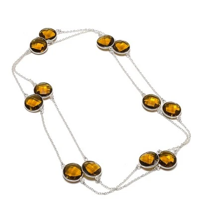 Collar de piedras preciosas de cuarzo ahumado hecho a mano diseño único cadena joyería 36" CH 3843 Foto 1 de 4