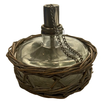 Oil Lamp, Tiki Torch, Clear Glass Reservoir, Woven Natural Base - Image 1 of 4