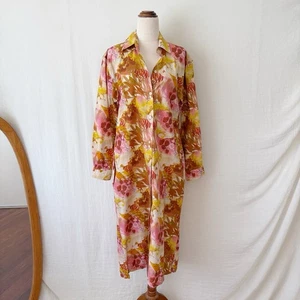 Nicoco Shirt Dress Size S Yellow Pink Floral Cotton Midi Pockets Long Sleeves - Picture 1 of 10