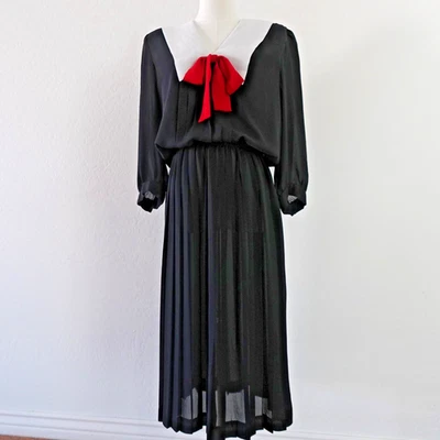 Vestido De Colección Años 70 80 Liz Roberts Cuello Marinero 12 Negro Rojo Lazo Plisado Gasa Foto 1 de 4