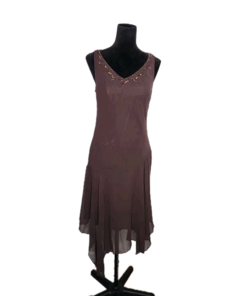 Vestido Robbie Bee Y2K 100% Seda Marrón Cuentas Midi Asimétrico Talla 16 Hada Capricho Foto 1 de 4