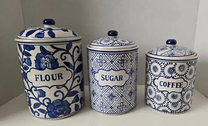 Set of 3 WHITE BLUE FLORAL CANISTER SET Ceramic Canisters - Picture 1 of 10