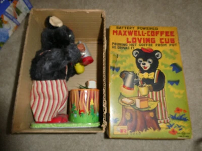 Vintage 1950s Rosko Japan Battery Operated Maxwell Coffee Drinking Bear in Box - Image 1 of 4