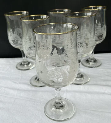 Vintage Lot 6 Libby Arby’s Stemmed Glass Goblet Gold Rim White Winter Snow Trees - Image 1 of 4