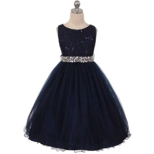 NAVY BLUE Size 4 Lace Sequin Flower Girl Dress Birthday Bridesmaid Recital Party - Picture 1 of 5
