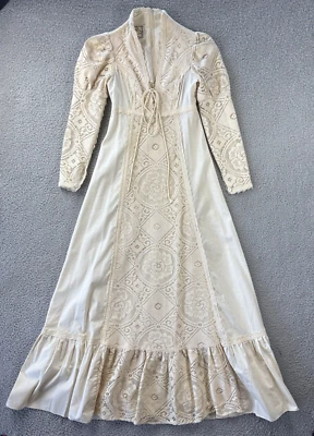 Vestido Vintage Gunne Sax Talla 7 Crochet Encaje Corsé Pradera Cottagecore Boda Foto 1 de 4