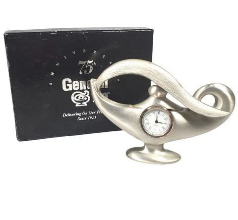 Gail Ahlers Art Smart Aladdin's Lamp Clock Desk Mantel Brushed Pewter Boxed Cover