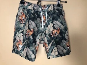 OAS Boy's Size 8 Swim Shorts Black Multicolor Elastic Waist Drawstring Tiger - Picture 1 of 12