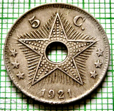 BELGIAN CONGO ALBERT I 1921 5 CENTIMES STAR HOLED colonial coinage km# 17 - Image 1 of 4