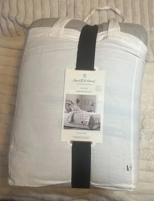 CONJUNTO DE EDREDOM CORAÇÃO E MÃO MAGNÓLIA MISTURA DE LINHO CINZA FAZENDA RAINHA COMPLETA Novo - Imagem 1 de 4