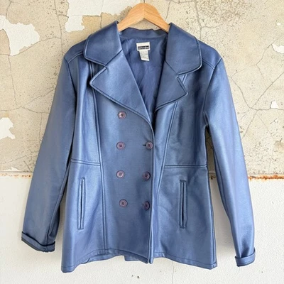 Jaqueta de couro sintético Y2K azul casaco de carro peito duplo vintage alegria feminina G - Imagem 1 de 4