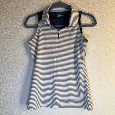 Polo de golf Under Armour a rayas azul y blanco sin mangas. Mujer Talla M Foto 1 de 4