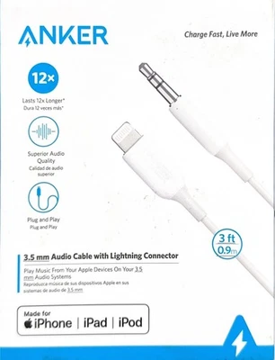 Adaptador auxiliar de áudio Anker 3' PowerLine Lightnin para 3,5 mm - Branco - Imagem 1 de 3