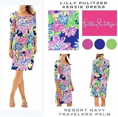 Платье Lilly Pulitzer Kenzie курортное темно-синее для путешественников пальмовое розовое синее с цветочным рисунком размер XS - Изображение 1 из 4