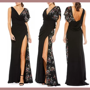 NEW $798 Mac Duggal [ 10 ] Faux Wrap Multi Colored Beaded Floral Gown Black J249 - Picture 1 of 17