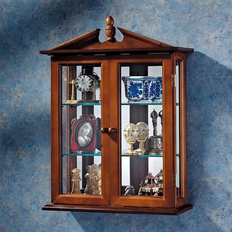 Antique Replica Wall Curio European Manor Hardwood Display Cabinet W Glass Cover