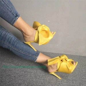 Women's Satin Mules Sandals Bowknot High Heels Peep Toe Casual Shoes US 4.5-12.5 - Picture 1 of 11