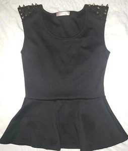 Women size S black studded peplum sleeveless knit top, one small *stud missing*  - Picture 1 of 5