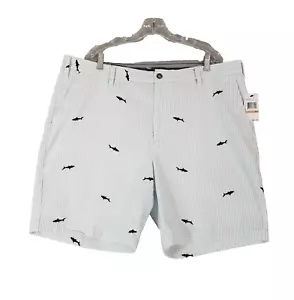 Nautica deck shorts men's 42 x 8.5 white blue stripe shark all over print NEW - Picture 1 of 13
