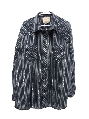 Wrangler Mens Western Shirt 2XLB Black Silver Striped Long Sleeve Snap Button - Image 1 of 4