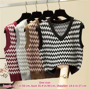 Women Striped V Neck Sleeveless Jumper Sweater Vest Waistcoat Gilet Tank Top - Picture 1 of 15