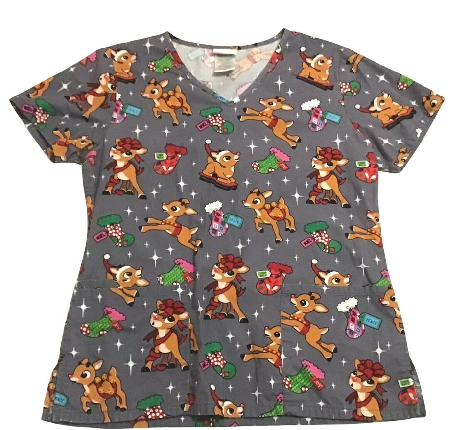 Rudolph the Red Nose Reindeer Womens Sz XS Scrub Top Christmas Medical - Image 1 of 4
