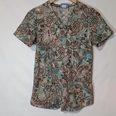 Scrub Top Women's XSmall Embroidered Floral Pockets Elan By Barco Vintage   - Image 1 of 4