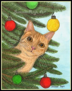 Lustige Ingwerkatze klettert in einen Weihnachtsbaum, Ornamente, Spaß, Notizkarte #0602 - Bild 1 von 4