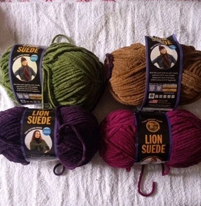 Lion Suede Yarn Lot Of 4. Eggplant Fuchsia Mocha Olive Made In USA FREE SHIPPING - Picture 1 of 5