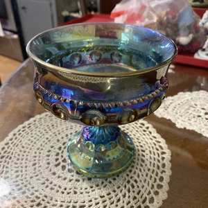 1960 Indiana Glassockel Kompott blau irisierend Karneval Glas Königskrähe - Bild 1 von 3