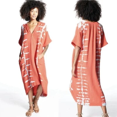 Young Fabulous & Broke YFB Baja Kaftan Dress Tiger Lily Orange Ladder Wash S/M - Image 1 of 4